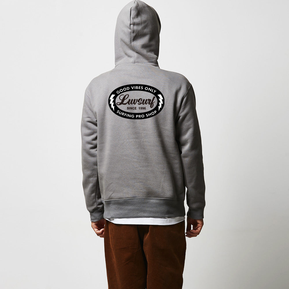 Back Print Pullover Hoodie (Fleece Lined) [GOOD VIBES] CEMENT / Size L