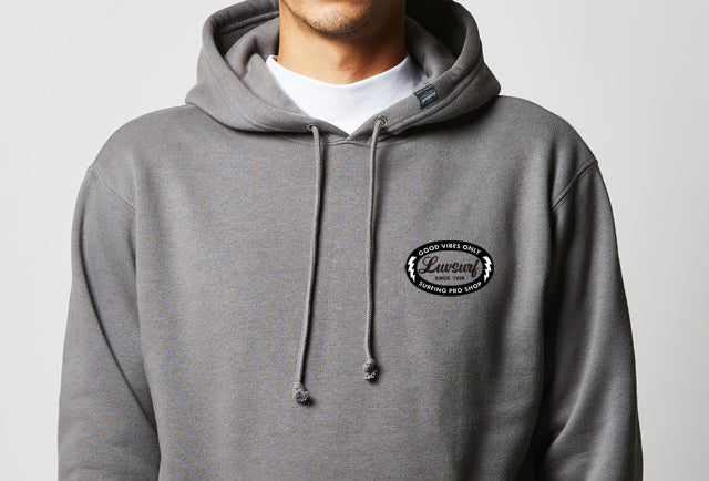 Back Print Pullover Hoodie (Fleece Lined) [GOOD VIBES] CEMENT / Size L