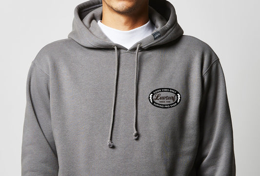 Back Print Pullover Hoodie (Fleece Lined) [GOOD VIBES] CEMENT / Size L