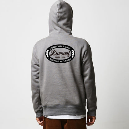 Back Print Pullover Hoodie (Fleece Lined) [GOOD VIBES] CEMENT / Size L