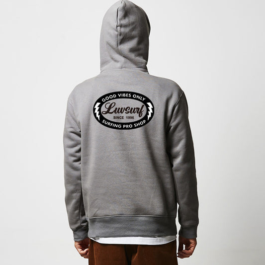 Back Print Pullover Hoodie (Fleece Lined) [GOOD VIBES] CEMENT / Size L